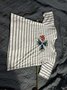 Vintage Pasta Embroidered Angel Fish Striped Short Sleeve T-Shirt Size S